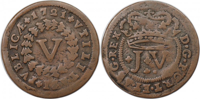 Europäische Münzen und Medaillen, Portugal. 5 Reis 1721, Kupfer. KM 194. Sehr sc...