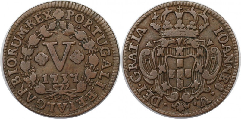 Europäische Münzen und Medaillen, Portugal. 5 Reis 1737, Kupfer. KM 226. Sehr sc...