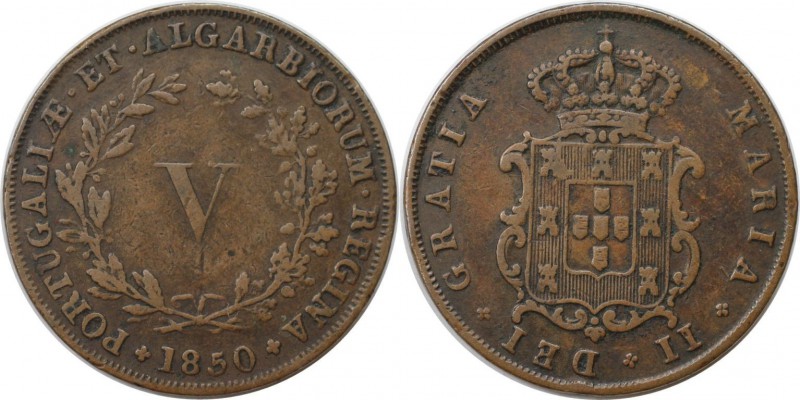Europäische Münzen und Medaillen, Portugal. Maria II. 5 Reis 1850, Kupfer. KM 48...