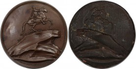 Russische Münzen und Medaillen, Katharina II. (1762-1796). Einseitig Prägung Medaille 1782, Reiterstatue Peters I. auf dem St. Petersburger. Kupfer. 2...