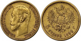 Russische Münzen und Medaillen, Nikolaus II. (1894-1918). 5 Rubel 1899 FZ, Gold. 4.28 g. 0.12 OZ. KM 62. Sehr schön