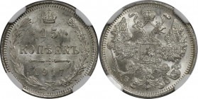 Russische Münzen und Medaillen, Nikolaus II. (1894-1918). 15 Kopeken 1917 BC, Silber. NGC MS-64