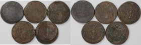 Russische Münzen und Medaillen, Lots und Samllungen Russische Münzen und Medaillen. 5 x 5 Kopeken 1766 - 1777 EM, Lot von 5 münzen. Kupfer. Schön-sehr...
