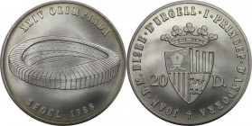 Weltmünzen und Medaillen, Andorra. "XXIV Sommerolympisches Spiel, Seoul 1988". 20 Diners 1988, Silber. 0.43 OZ. KM 43. Stempelglanz