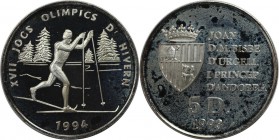 Weltmünzen und Medaillen, Andorra. Olympische Winterspiele 1994 in Lillehammer - Langlauf. 5 Diners 1993, Silber. KM 80. Polierte Platte