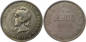 Weltmünzen und Medaillen, Brasilien / Brazil. 2000 Reis 1911, Silber. 0.59 OZ. KM 508. Fast Vorzüglich