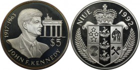 Weltmünzen und Medaillen, Niue. John F. Kennedy. 5 Dollars 1992, Silber. 0.16 OZ. KM 76. Polierte Platte