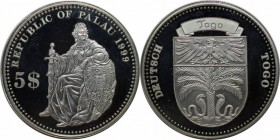 Weltmünzen und Medaillen, Palau. "Sitzende Germania. Deutsch Togo". 5 Dollar 1999, Silber. 0.74 OZ. KM 24. Polierte Platte