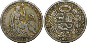 Weltmünzen und Medaillen, Peru. 1 Sol 1926, Silber. 0.40 OZ. Sehr Schön-Vorzüglich