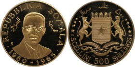 Weltmünzen und Medaillen, Somalia. 5. Jahrestag der Unabhängigkeit, Präsident Osman. 500 Shillings 1965, Gold. KM 14. PCGS PR66 DCAM