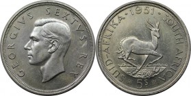 Weltmünzen und Medaillen, Südafrika / South Africa. Georg VI. (1936-1952). "Springbock". 5 Shillings 1951, Silber. 0.45 OZ. Vorzüglich-Stempelglanz
