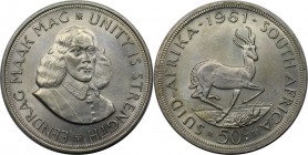 Weltmünzen und Medaillen, Südafrika / South Africa. "Springbock". 50 Cents 1961, Silber. 0.46 OZ. KM 62. Stempelglanz