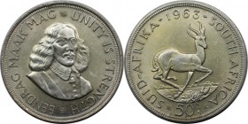 Weltmünzen und Medaillen, Südafrika / South Africa. "Springbock". 50 Cents 1963, Silber. 0.45 OZ. KM 62. Stempelglanz