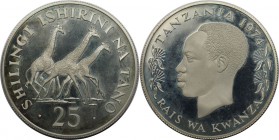 Weltmünzen und Medaillen, Tansania / Tanzania. Giraffen WWF. 25 Shilingi 1974, Silber. 0.84 OZ. KM 7a. Polierte Platte