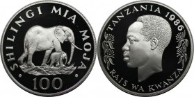 Weltmünzen und Medaillen, Tansania / Tanzania. Afrikanischer Elefant WWF. 100 Shilingi 1986, Silber. 0.58 OZ. KM 18a. Polierte Platte