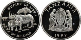 Weltmünzen und Medaillen, Tansania / Tanzania. Spitzmaulnashorn. 200 Shillings 1997, Silber. 0.32 OZ. KM 41. Polierte Platte