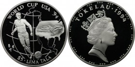 Weltmünzen und Medaillen, Tokelau islands. "Fussball WM USA 1994". 5 Tala 1994, Silber. 0.93 OZ. KM 20. Polierte Platte