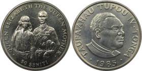 Weltmünzen und Medaillen, Tonga. 85. Jahrestag - Geburt der Königin Mutter/ Hochzeit. 50 Seniti 1985, Kupfer-Nickel. KM 99. Stempelglanz