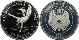 Weltmünzen und Medaillen, Tonga. Olympische Spiele 1992 in Barcelona - Turmspringen. 1 Pa'anga 1991, Silber. 0.93 OZ. KM 140. Polierte Platte