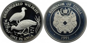 Weltmünzen und Medaillen, Tonga. Gefährdete Tierwelt - Tongan Megapode. 1 Pa'anga 1991, Silber. 0.93 OZ. KM 143. Polierte Platte