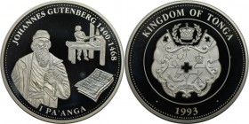 Weltmünzen und Medaillen, Tonga. Johannes Gutenberg (1400-1468). 1 Pa'anga 1993, Silber. 0.93 OZ. KM 152. Polierte Platte