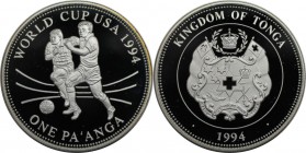 Weltmünzen und Medaillen, Tonga. "Fußball WM USA 1994". 1 Pa'anga 1994, Silber. 0.94 OZ. KM 161. Polierte Platte
