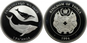 Weltmünzen und Medaillen, Tonga. Gefährdet Tierwelt - Buckelwal. 1 Pa'anga 1994, Silber. 0.94 OZ. KM 162. Polierte Platte