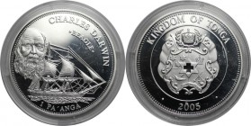 Weltmünzen und Medaillen, Tonga. CHARLES DARWIN. 1 Pa'anga 2005, Silber. 0.84 OZ. KM 218. Polierte Platte, in Münzkapsel