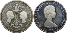 Weltmünzen und Medaillen, Tristan da cunha. Königliche Hochzeit Charles & Diana. 25 Pence 1981, Silber. 0.84 OZ. KM 4a. Polierte Platte