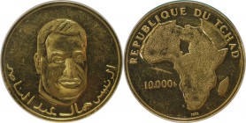 Weltmünzen und Medaillen, Tschad / Chad. Präsident Nasser. 10000 Francs 1970, Gold. KM 14. PCGS PR Genuine Scratch - UNC Detail. Auflage 205 Stück