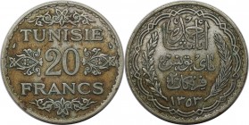 Weltmünzen und Medaillen, Tunesien / Tunisia. Ahmad Pasha Bey. 20 Francs 1934, Silber. 0.44 OZ. KM 263. Sehr Schön-Vorzüglich