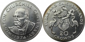 Weltmünzen und Medaillen, Turks und Caicos Inseln / Turks and Caicos Islands. 100. Jahrestag der Geburt von Winston Churchill. 20 Crowns 1974. Silber....