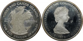 Weltmünzen und Medaillen, Turks und Caicos Inseln / Turks and Caicos Islands. 25. Jahrestag der Krönung der Königin Elizabeth II. Drache Wales. 25 Cro...