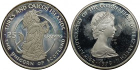Weltmünzen und Medaillen, Turks und Caicos Inseln / Turks and Caicos Islands. 25. Jahrestag der Krönung der Königin Elizabeth II. Einhorn von Schottla...