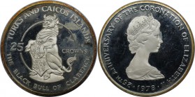 Weltmünzen und Medaillen, Turks und Caicos Inseln / Turks and Caicos Islands. 25. Jahrestag der Krönung der Königin Elizabeth II. Stier von Clarence. ...