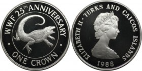 Weltmünzen und Medaillen, Turks und Caicos Inseln / Turks and Caicos Islands. 25 Jahre WWF - Leguan. 1 Crown 1988, Silber. 0.84 OZ. KM 64a. Polierte P...