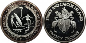 Weltmünzen und Medaillen, Turks und Caicos Inseln / Turks and Caicos Islands. "1992 Sommerolympiade, Barcelona". 20 Crowns 1992, Silber. 1.0 OZ. KM 82...