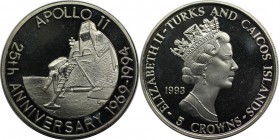 Weltmünzen und Medaillen, Turks und Caicos Inseln / Turks and Caicos Islands. 25. Jahrestag - Apollo 11. 5 Crowns 1993, Kupfer-Nickel. KM 179. Stempel...