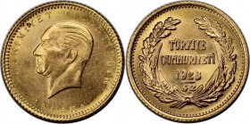 Weltmünzen und Medaillen, Türkei / Turkey. 25 Kurush 1923 / 52, Gold. 0.53 OZ. 1.8 g. KM 851. Stempelglanz