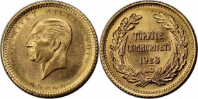 Weltmünzen und Medaillen, Türkei / Turkey. 25 Kurush 1923 / 53, Gold. 0.53 OZ. 1.8 g. KM 851. Stempelglanz