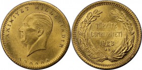 Weltmünzen und Medaillen, Türkei / Turkey. 50 Kurush 1923 / 42, Gold. 1.06 OZ. 3.61 g. KM 853. Fast Stempelglanz