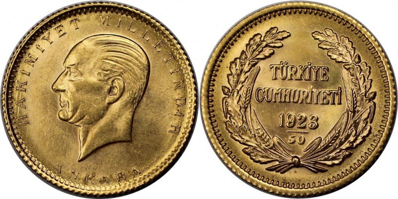 Weltmünzen und Medaillen, Türkei / Turkey. 50 Kurush 1923 / 50, Gold. 1.06 OZ. 3...