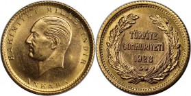 Weltmünzen und Medaillen, Türkei / Turkey. 50 Kurush 1923 / 54, Gold. 1.06 OZ. 3.61 g. KM 853. Stempelglanz