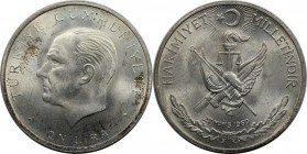 Weltmünzen und Medaillen, Türkei / Turkey. Kemal Atatürk. 27. Mai Revolution. 10 Lira 1960, Silber. 0.4 OZ. KM 894. Stempelglanz