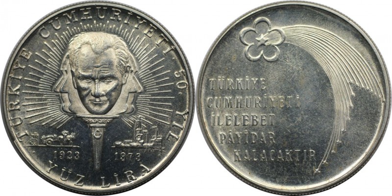 Weltmünzen und Medaillen, Türkei / Turkey. 50. Jahrestag der Republik. 100 Lira ...