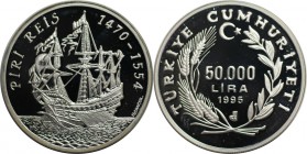Weltmünzen und Medaillen, Türkei / Turkey. Segelschiff "Piri Reis". 50000 Lira 1995, Silber. 0.69 OZ. KM 1038. Polierte Platte