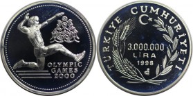 Weltmünzen und Medaillen, Türkei / Turkey. "2000 Olympia-Serie - Weitsprung". 3000000 Lira 1998, Silber. 0.94 OZ. KM 1107. Polierte Platte