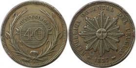 Weltmünzen und Medaillen, Uruguay. 40 Centesimos 1857 D, Kupfer. KM 10. Fast Vorzüglich