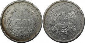 Weltmünzen und Medaillen, Uruguay. Republik, seit 1830. 1 Peso 1877 A, Silber. 0.75 OZ. KM 17. Sehr Schön, Kl.Kratzer