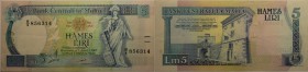 Banknoten, Malta. Stehende Malta - alter Turm. 5 Liri 1967. Pick 046b. II